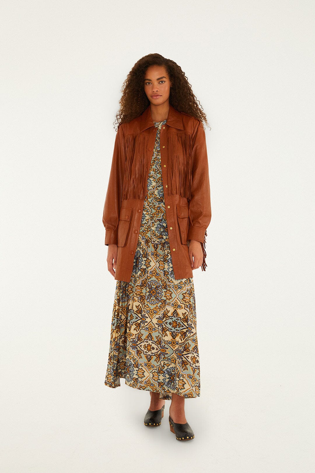 FARM Rio Shop Brown Fringes Leather Coat