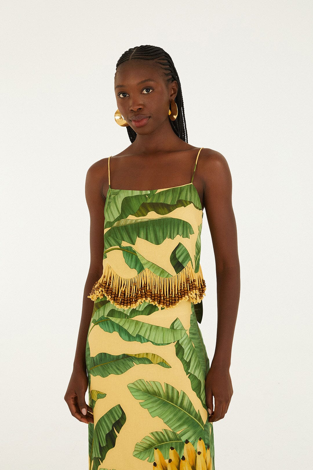 FARM Rio Shop Yellow Fruit Leaves Banana Beaded Fringes Sleeveless Top