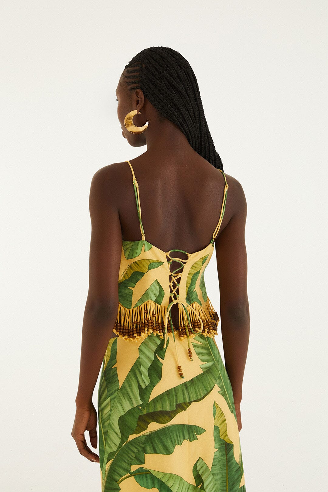 FARM Rio Shop Yellow Fruit Leaves Banana Beaded Fringes Sleeveless Top