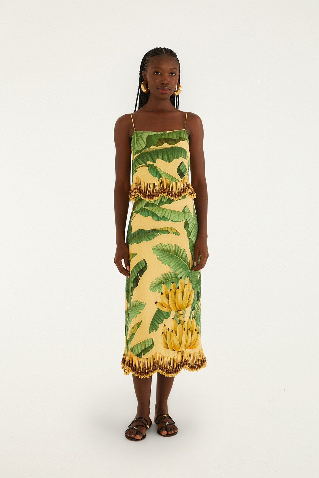 FARM Rio Shop Yellow Fruit Leaves Banana Beaded Fringes Sleeveless Top