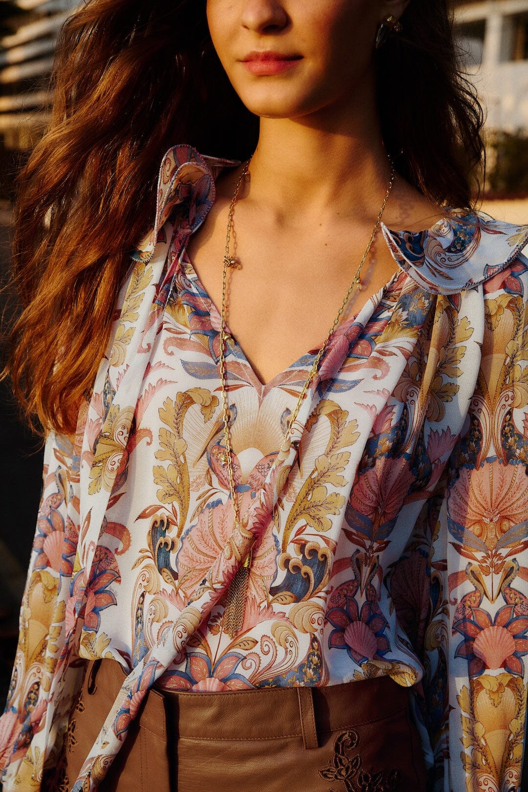 FARM Rio Shop Off-White Sea Garden Ruffled Long Sleeve Blouse
