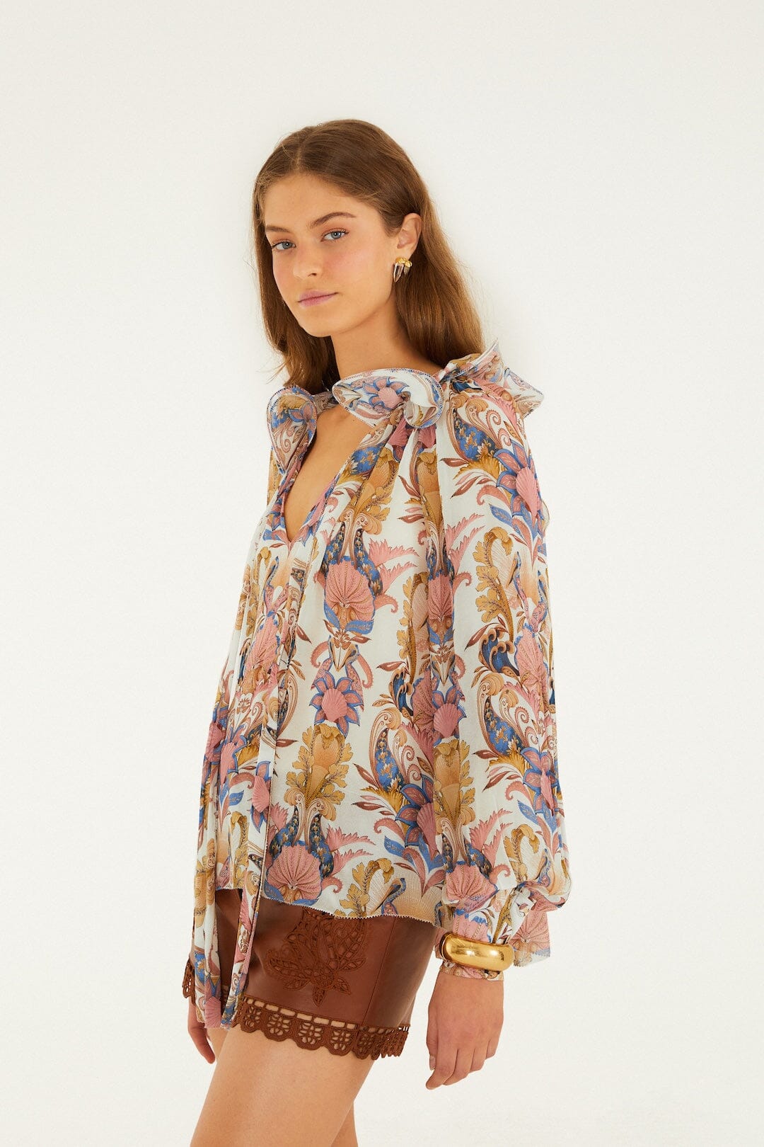 FARM Rio Shop Off-White Sea Garden Ruffled Long Sleeve Blouse