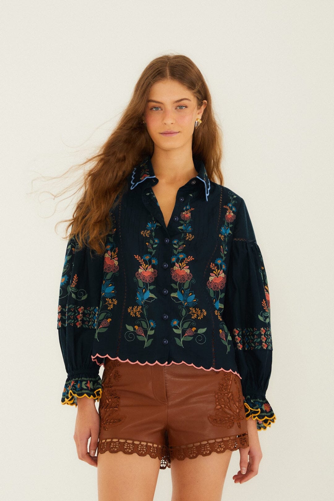 FARM Rio Shop Navy Blue Stitched Garden Wavy Hem Blouse