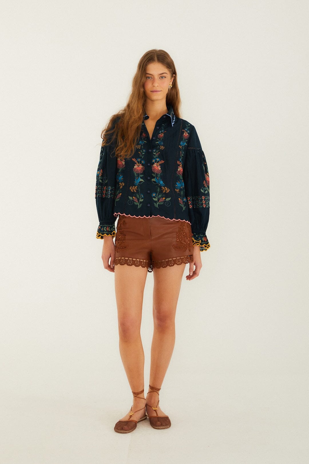 FARM Rio Shop Navy Blue Stitched Garden Wavy Hem Blouse