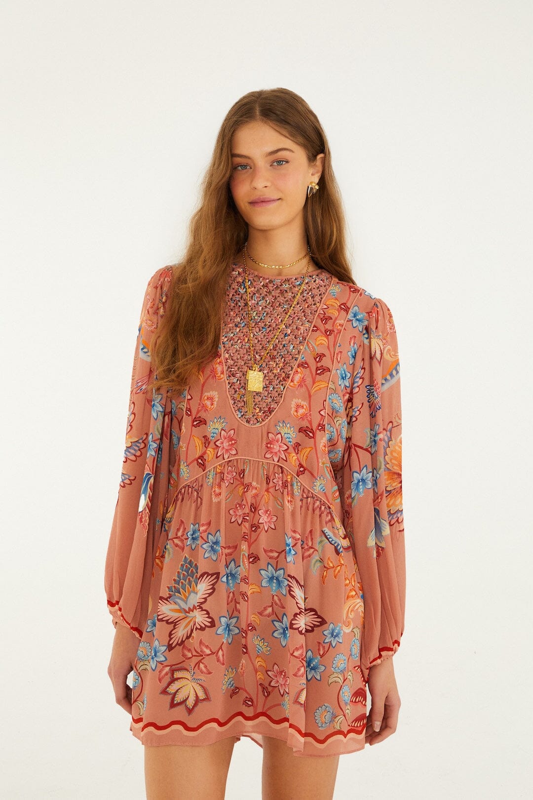 FARM Rio Shop Mocha Boho Enhance Lace Long Sleeve Mini Dress