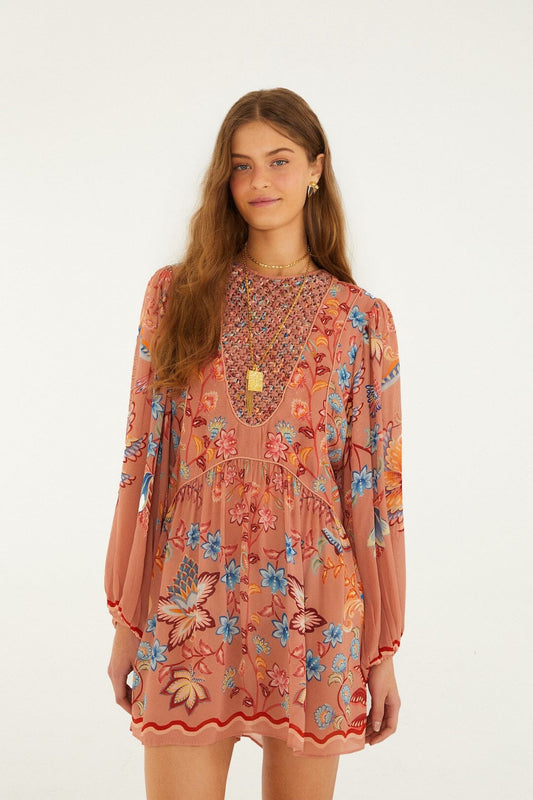 FARM Rio Shop Mocha Boho Enhance Lace Long Sleeve Mini Dress