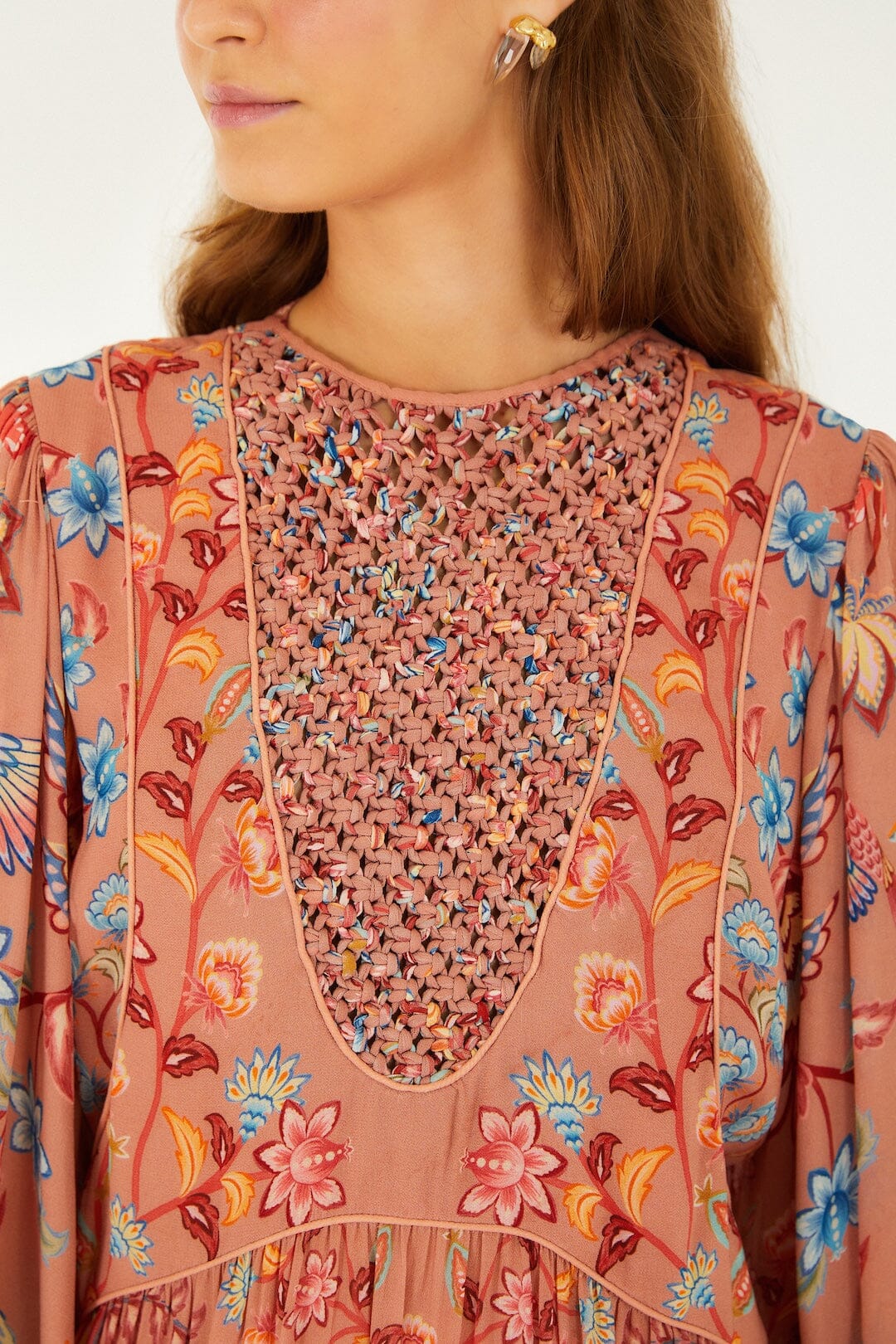 FARM Rio Shop Mocha Boho Enhance Lace Long Sleeve Mini Dress