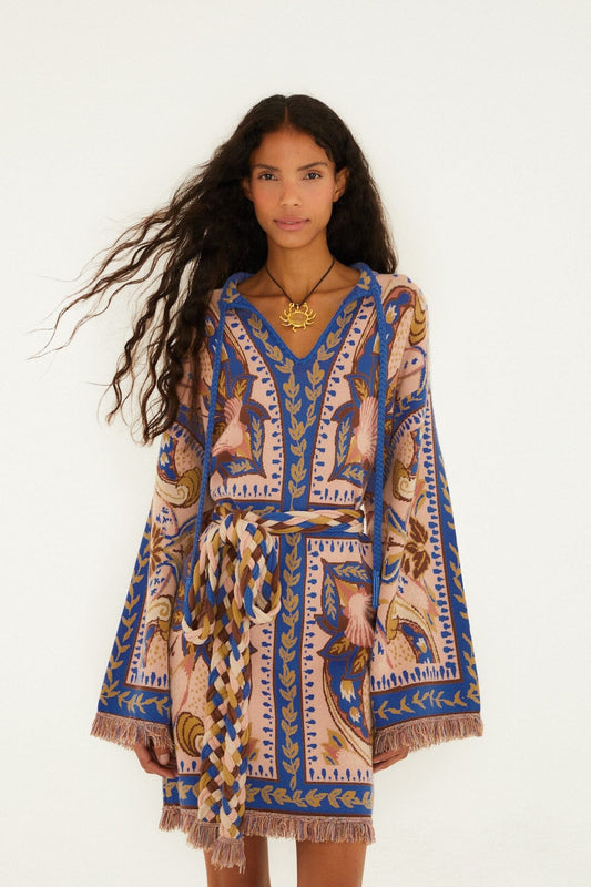 FARM Rio Shop Blue Sea Garden Scarf Tassels Knit Mini Dress