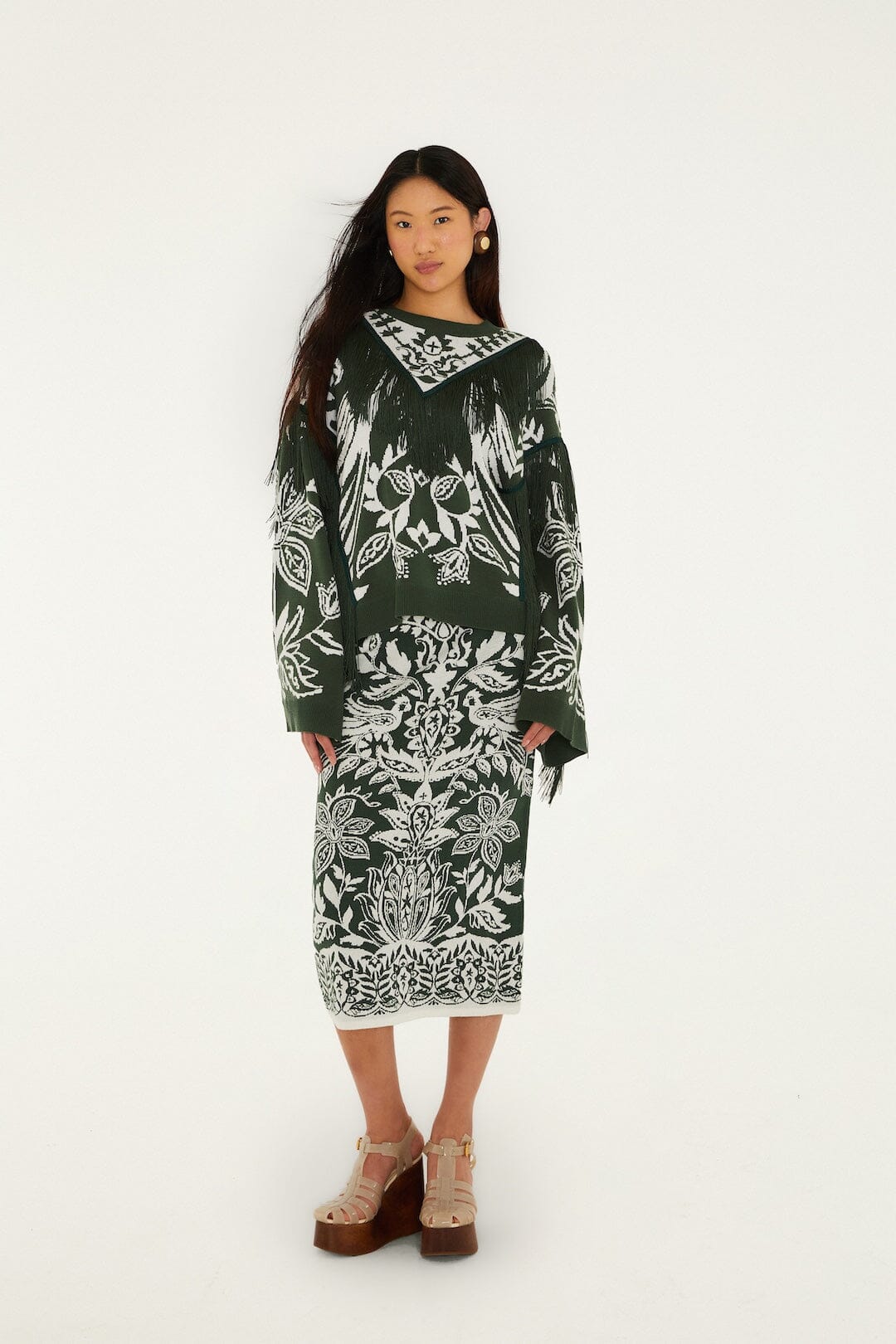 FARM Rio Shop Dark Green Miranda Fringes Knit Sweater