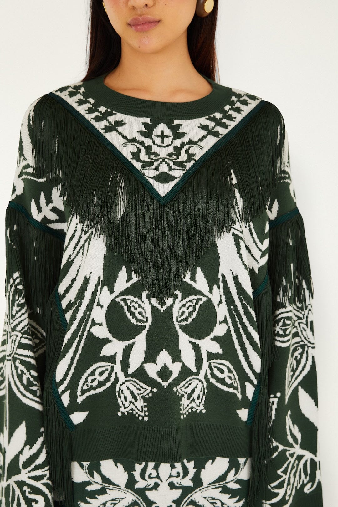 FARM Rio Shop Dark Green Miranda Fringes Knit Sweater