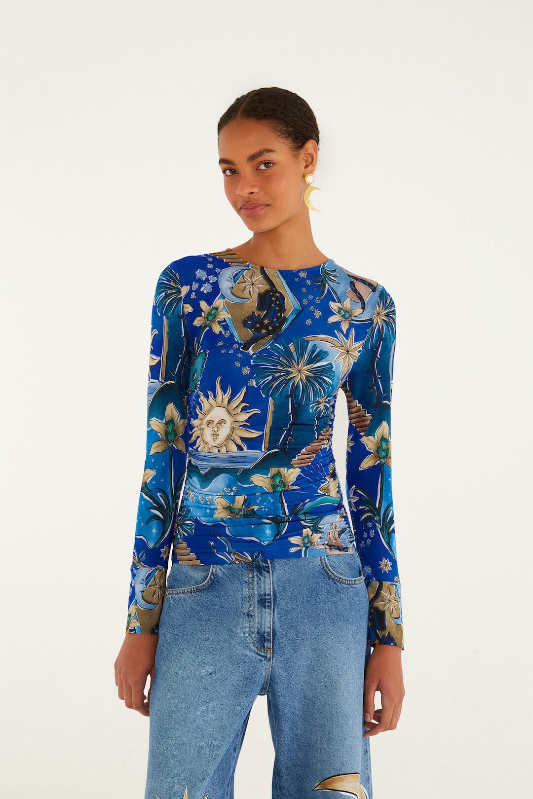 FARM Rio Shop Blue Mystical Long Sleeve Jersey Blouse