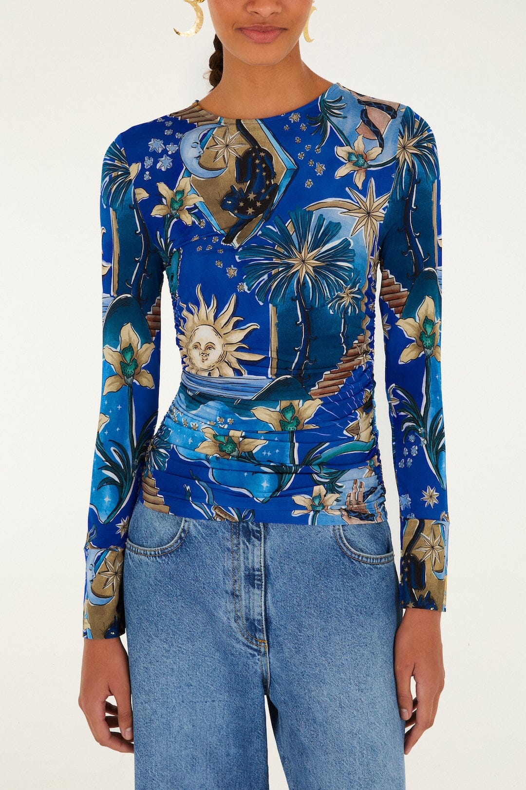 FARM Rio Shop Blue Mystical Long Sleeve Jersey Blouse
