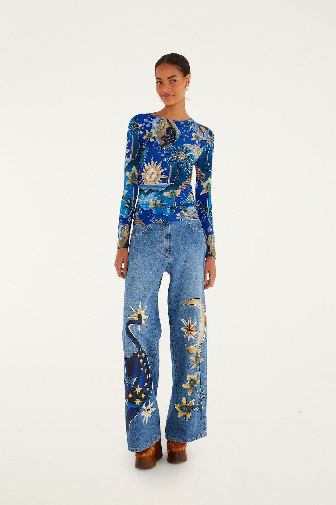 FARM Rio Shop Blue Mystical Long Sleeve Jersey Blouse