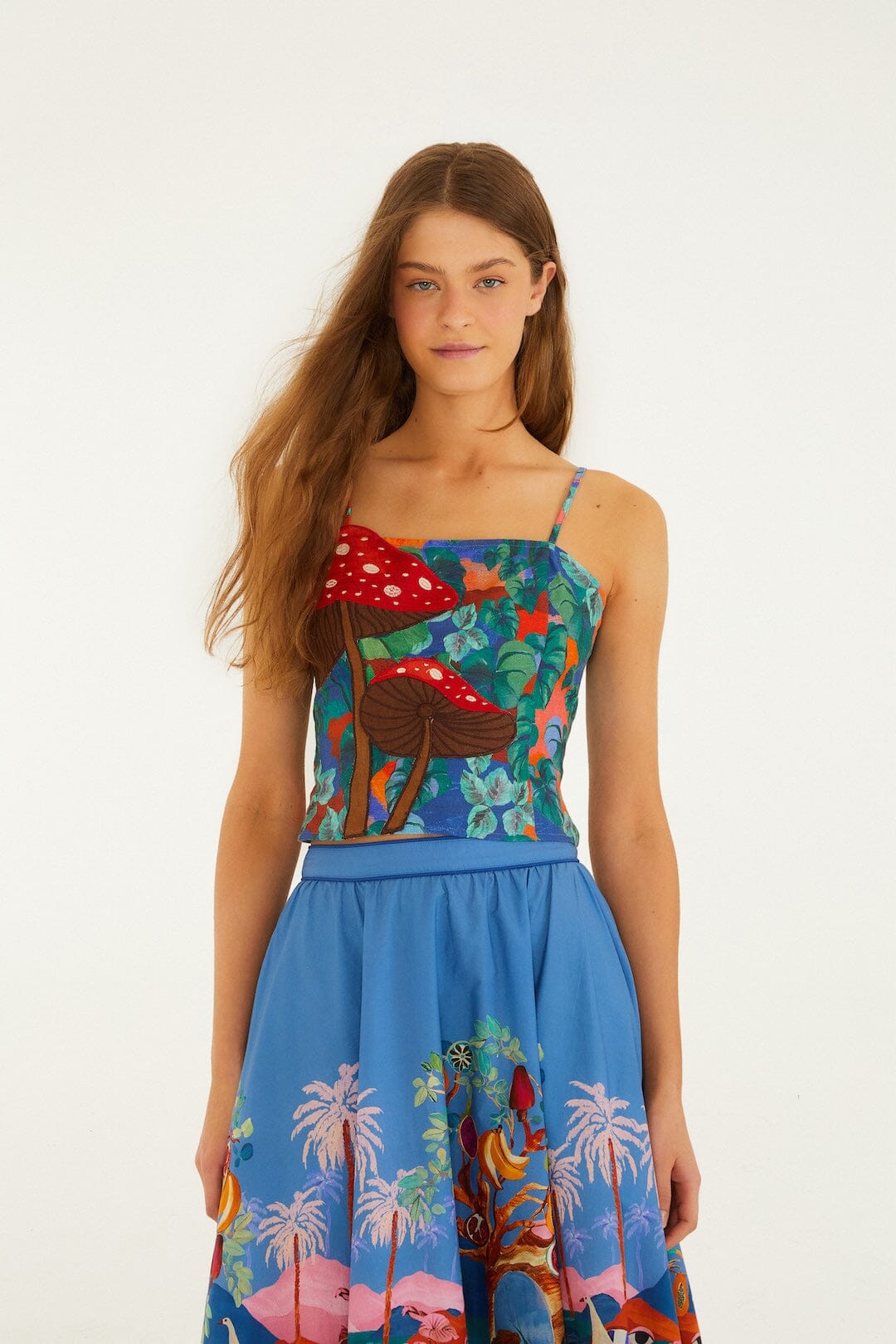 FARM Rio Shop Mushroom Dream Landscape Embroidered Sleeveless Euroflax Premium Linen Top