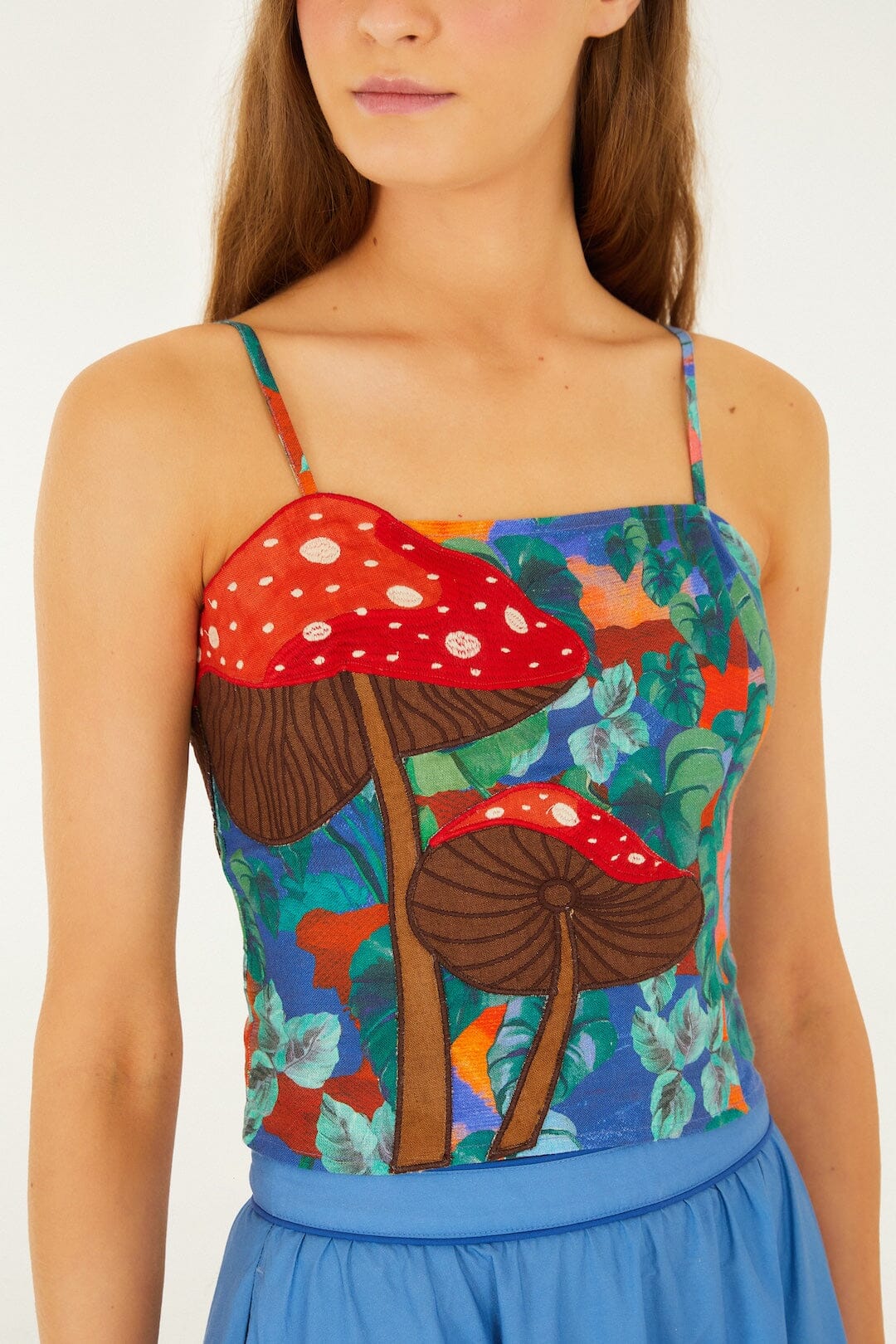 FARM Rio Shop Mushroom Dream Landscape Embroidered Sleeveless Euroflax Premium Linen Top