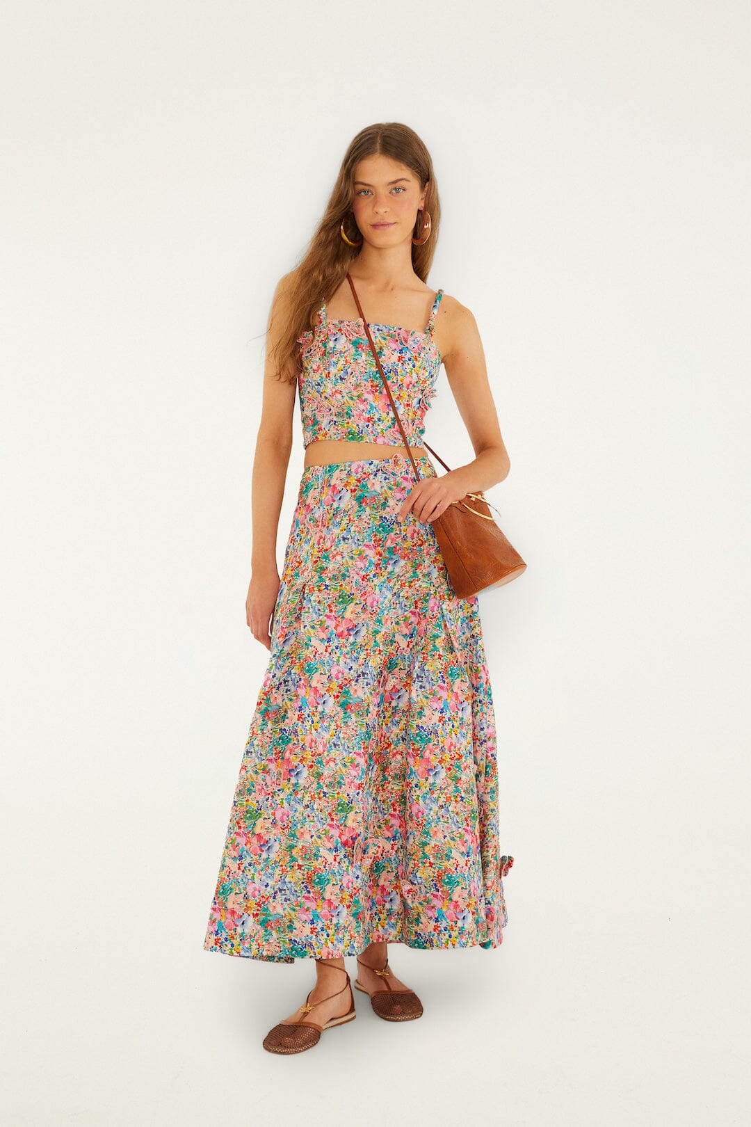 FARM Rio Shop Off-White Peasant Floral Butterflies Euroflax Premium Linen Maxi Skirt