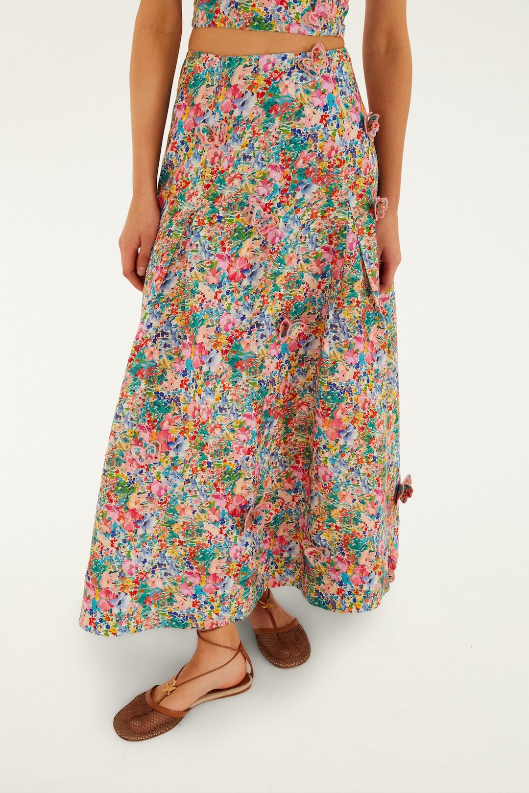 FARM Rio Shop Off-White Peasant Floral Butterflies Euroflax Premium Linen Maxi Skirt