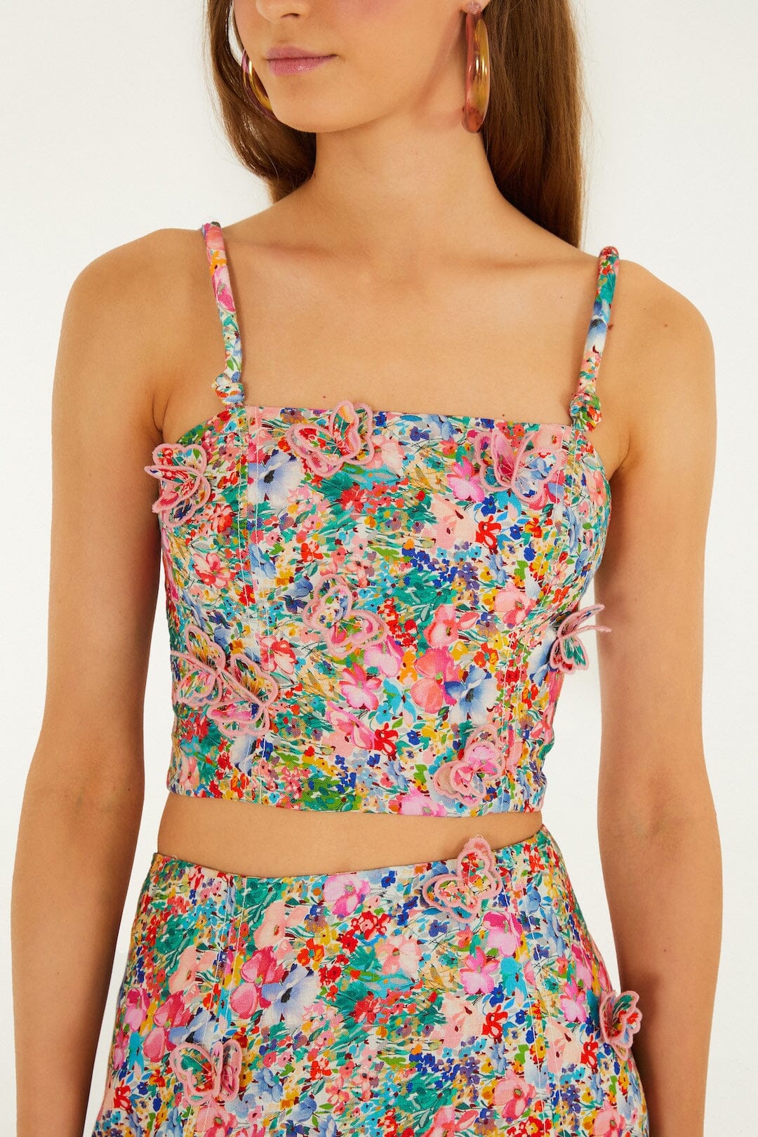 FARM Rio Shop Off-White Peasant Floral Butterflies Euroflax Premium Linen Top
