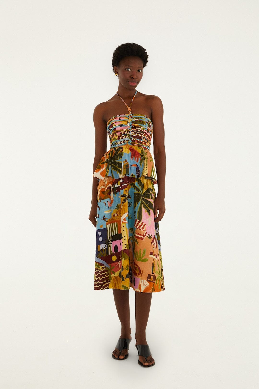 FARM Rio Shop Multicolor Tropical Painting Lenzing Ecovero Euroflax Midi Dress