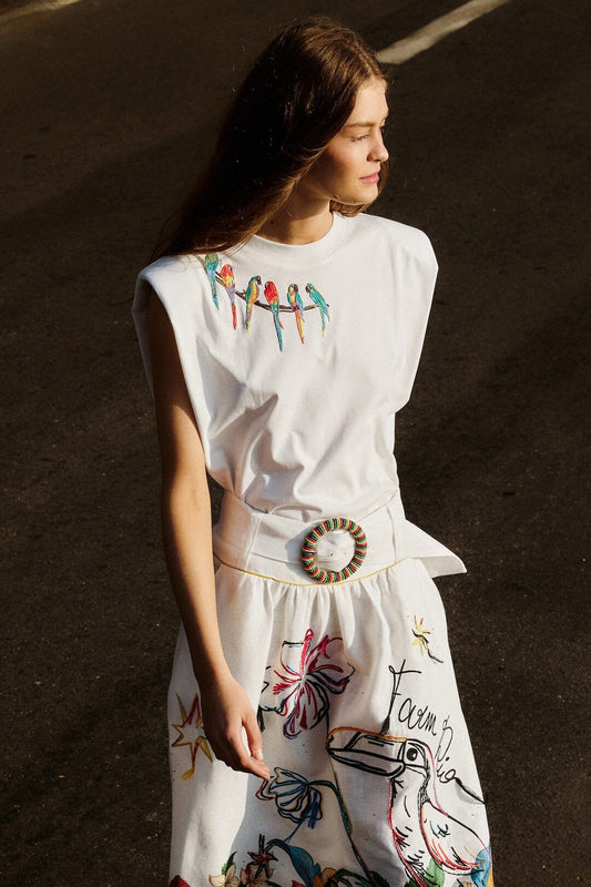 FARM Rio Shop Off-White Birds On Branch Embroidered Organic Cotton T-Shirt