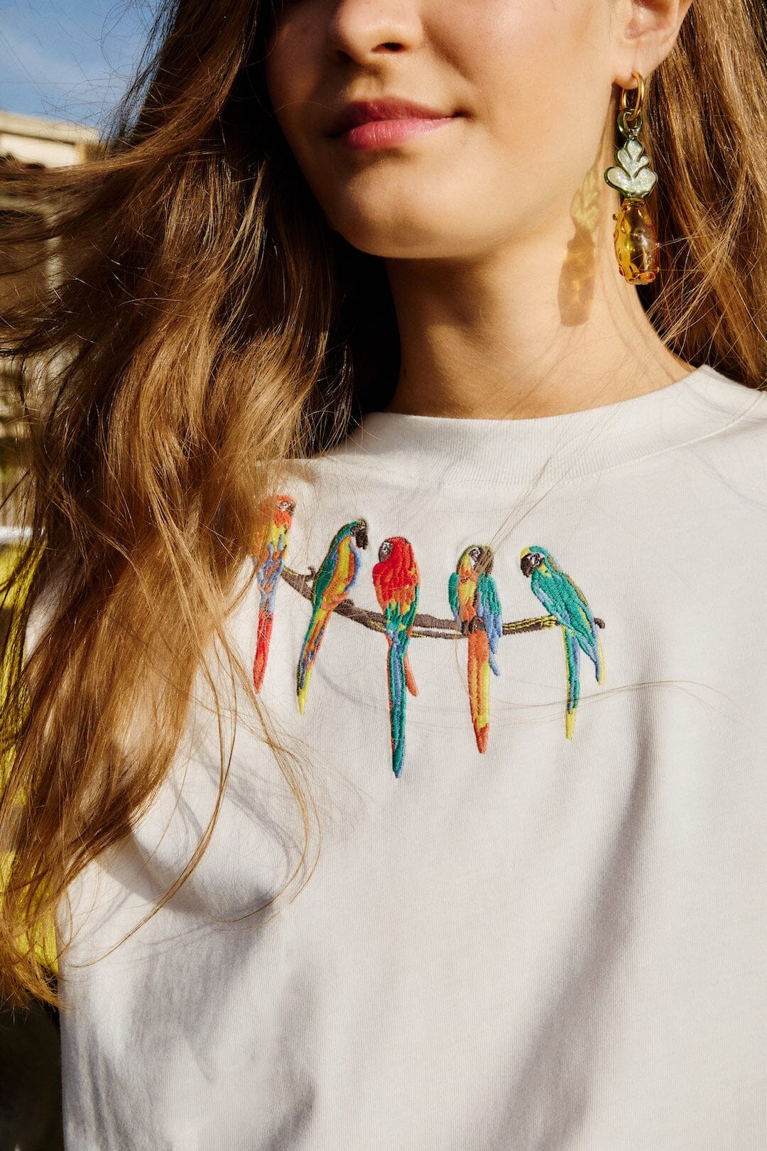 FARM Rio Shop Off-White Birds On Branch Embroidered Organic Cotton T-Shirt