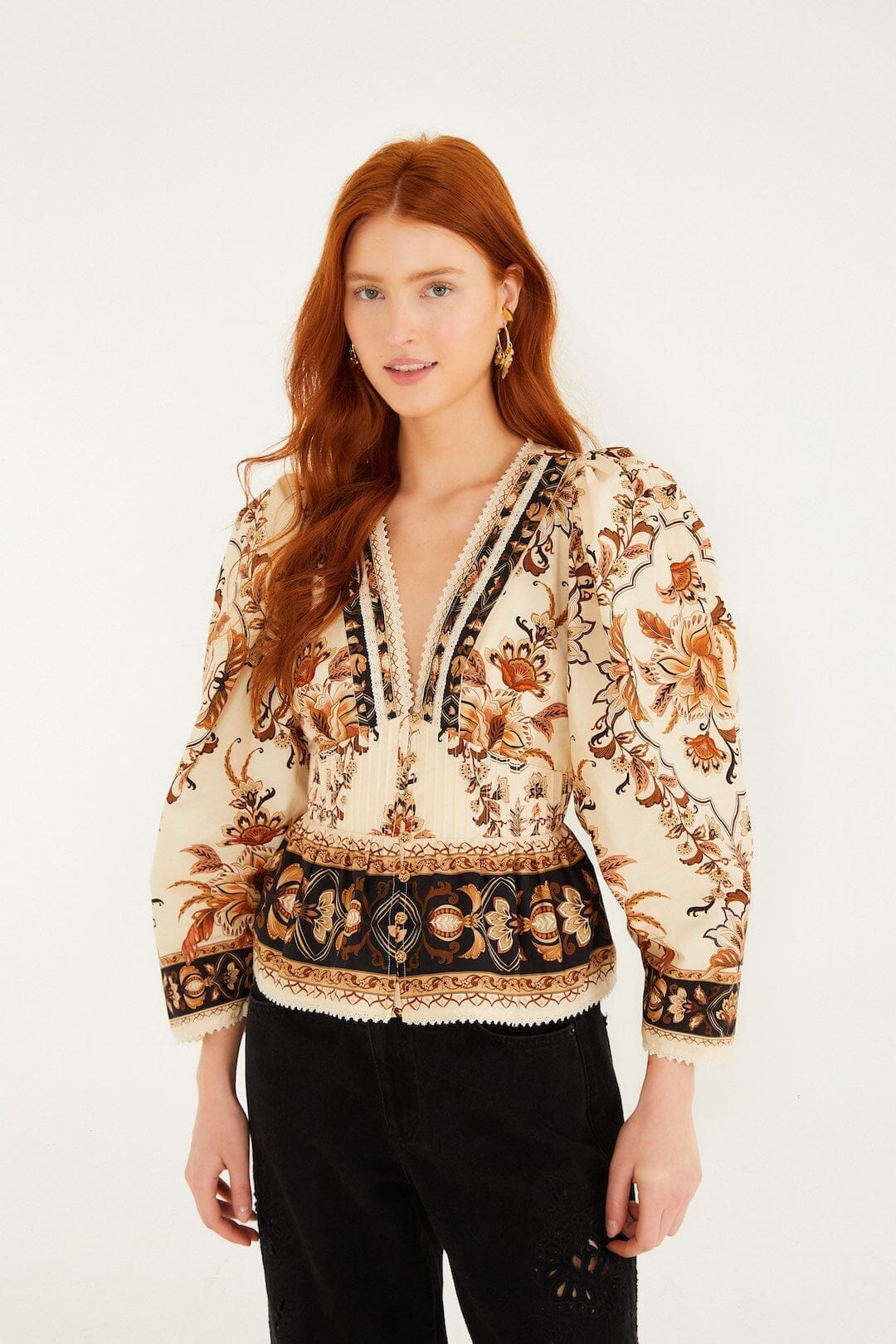 FARM Rio Sale Sand Majestic Garden Lace Puff Sleeve Organic Cotton Blouse