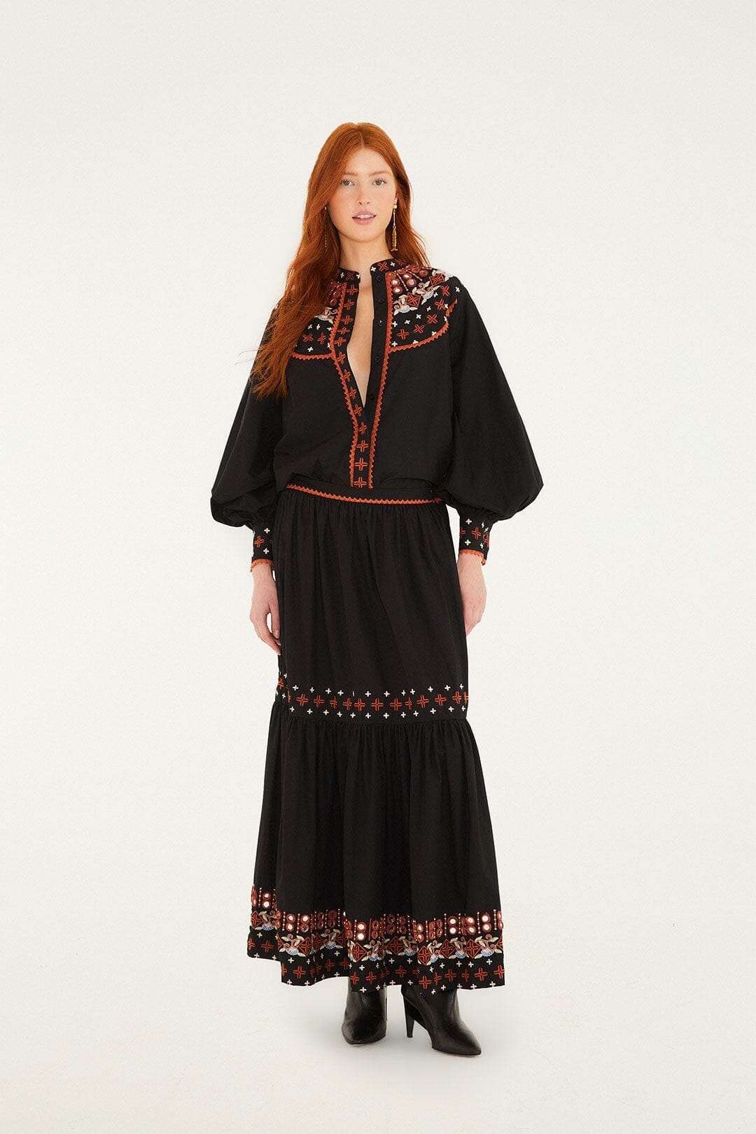 FARM Rio Sale Black Embroidered Buttoned Long Sleeve Shirt