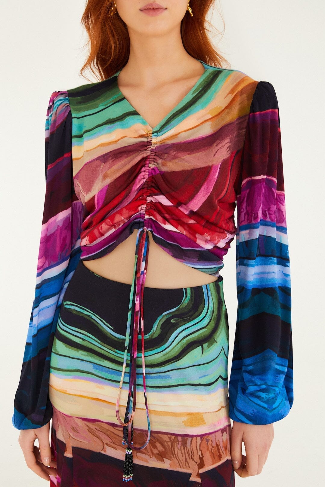 FARM Rio Sale Multicolor Precious Gems Long Sleeve Draped Top