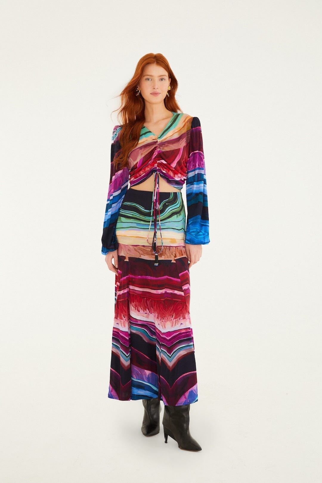 FARM Rio Sale Multicolor Precious Gems Long Sleeve Draped Top