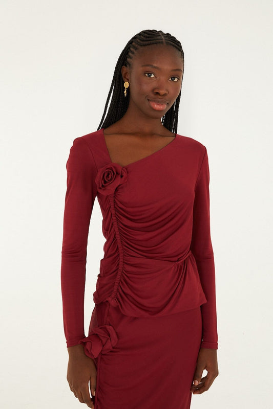 FARM Rio Sale Burgundy 3d Flower Draped Long Sleeve Blouse