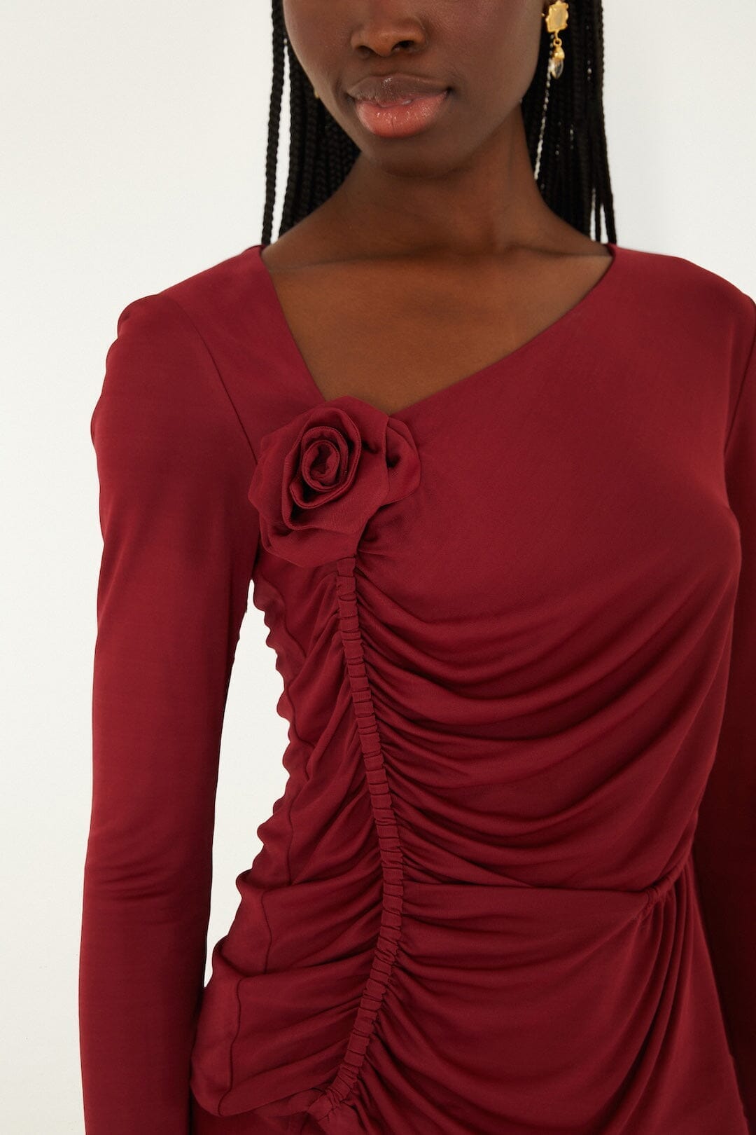 FARM Rio Sale Burgundy 3d Flower Draped Long Sleeve Blouse