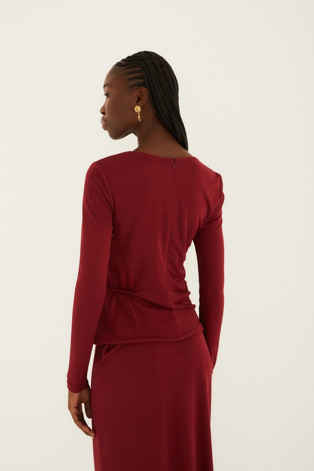 FARM Rio Sale Burgundy 3d Flower Draped Long Sleeve Blouse