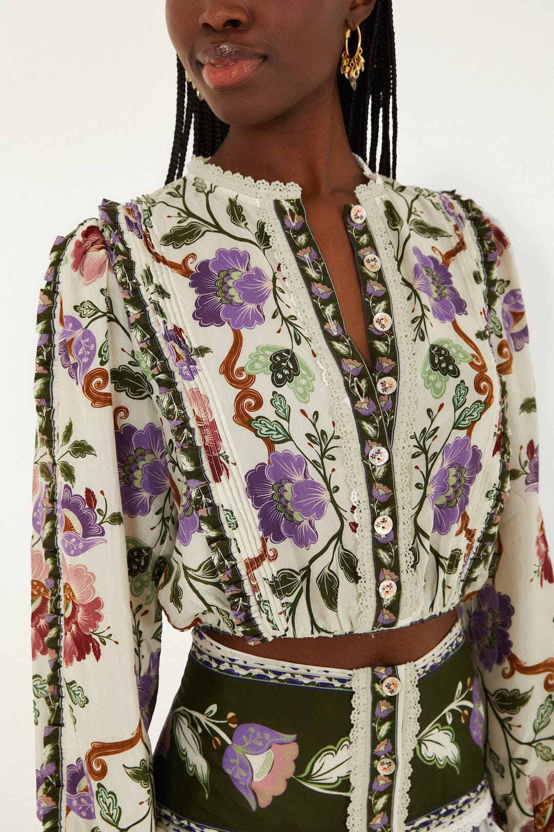 FARM Rio Sale Cream Rococo Flowers Lace Long Sleeve Blouse