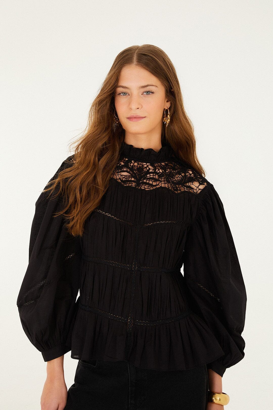 FARM Rio Sale Black Lace Puff Sleeve Blouse