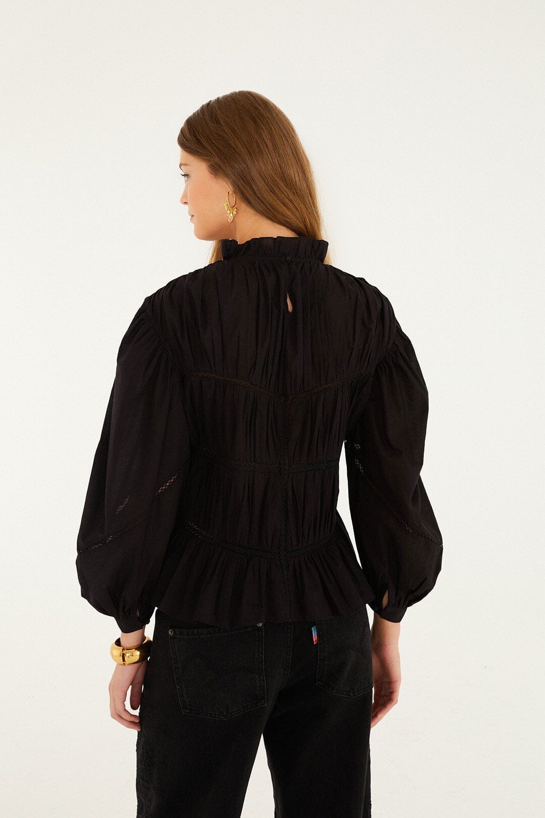 FARM Rio Sale Black Lace Puff Sleeve Blouse