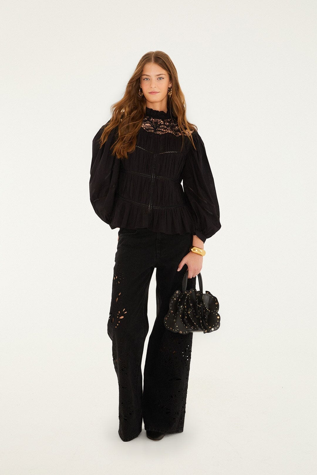 FARM Rio Sale Black Lace Puff Sleeve Blouse