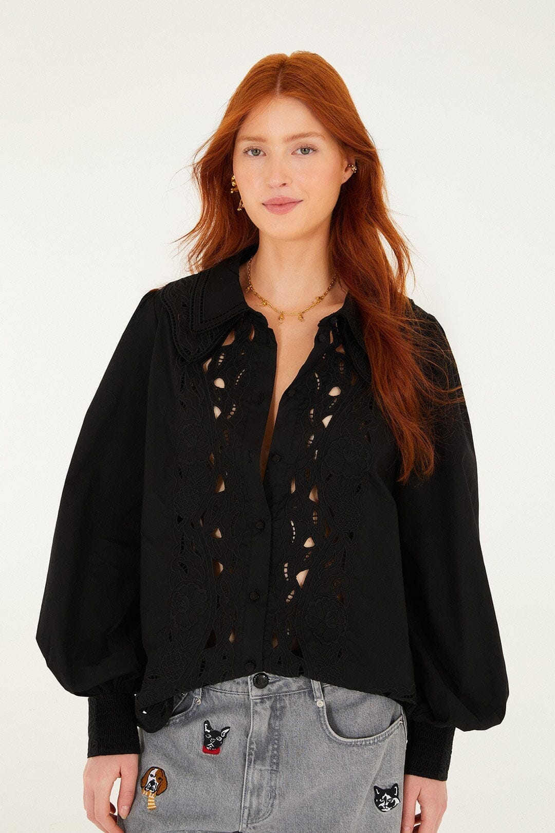 FARM Rio Sale Black Embroidered Buttoned Puff Sleeve Shirt