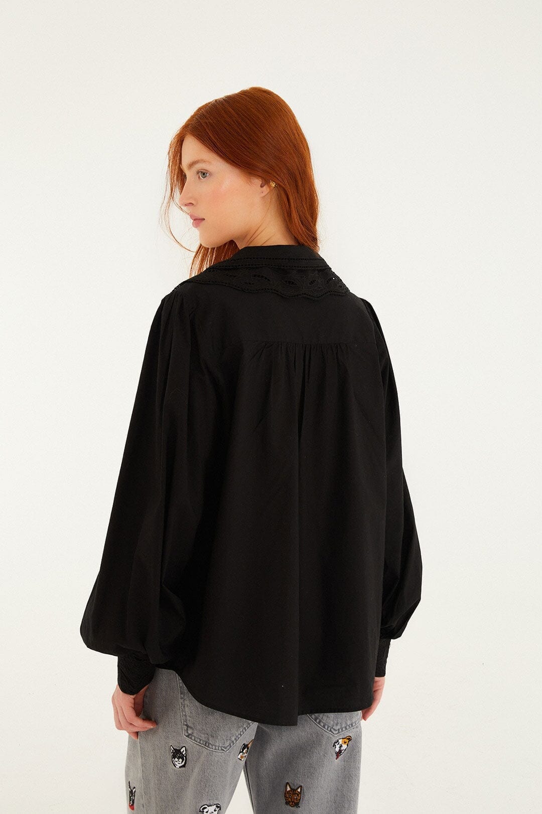 FARM Rio Sale Black Embroidered Buttoned Puff Sleeve Shirt