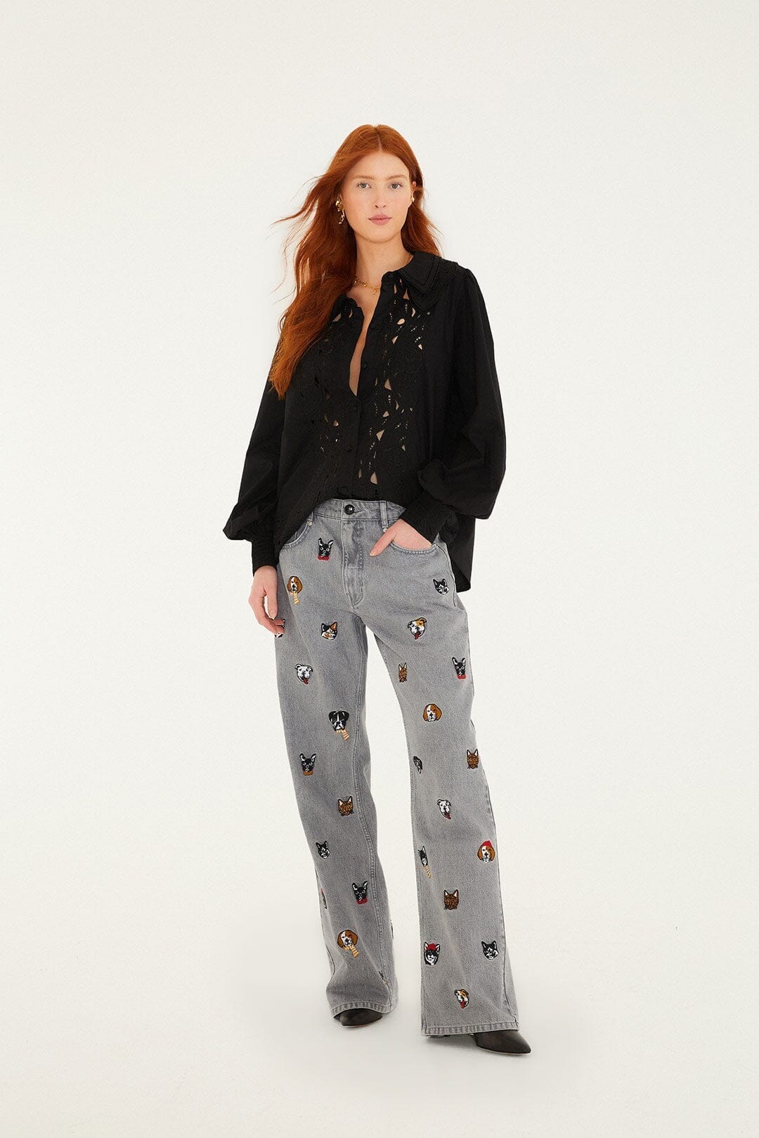 FARM Rio Sale Black Embroidered Buttoned Puff Sleeve Shirt