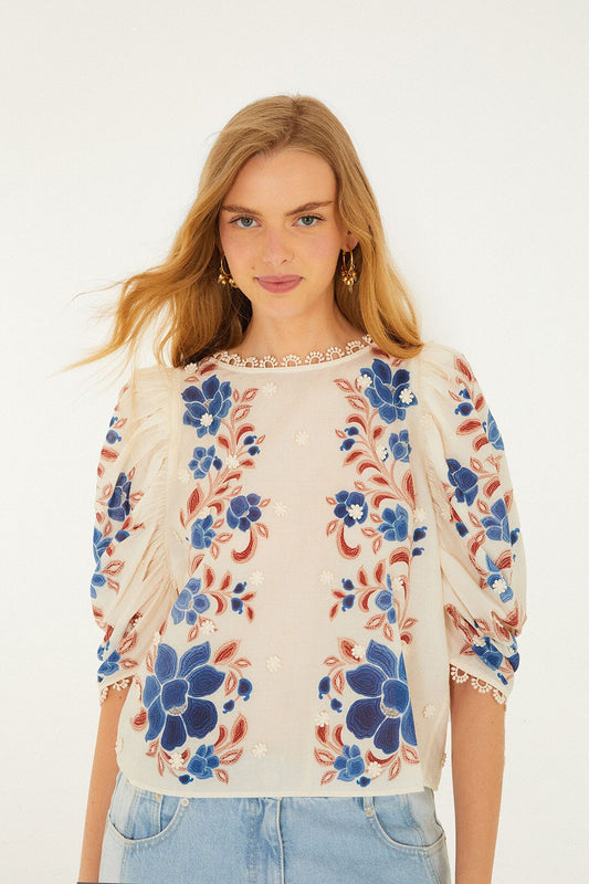 FARM Rio Sale Sand Renata Floral 3d Puff Sleeve Blouse