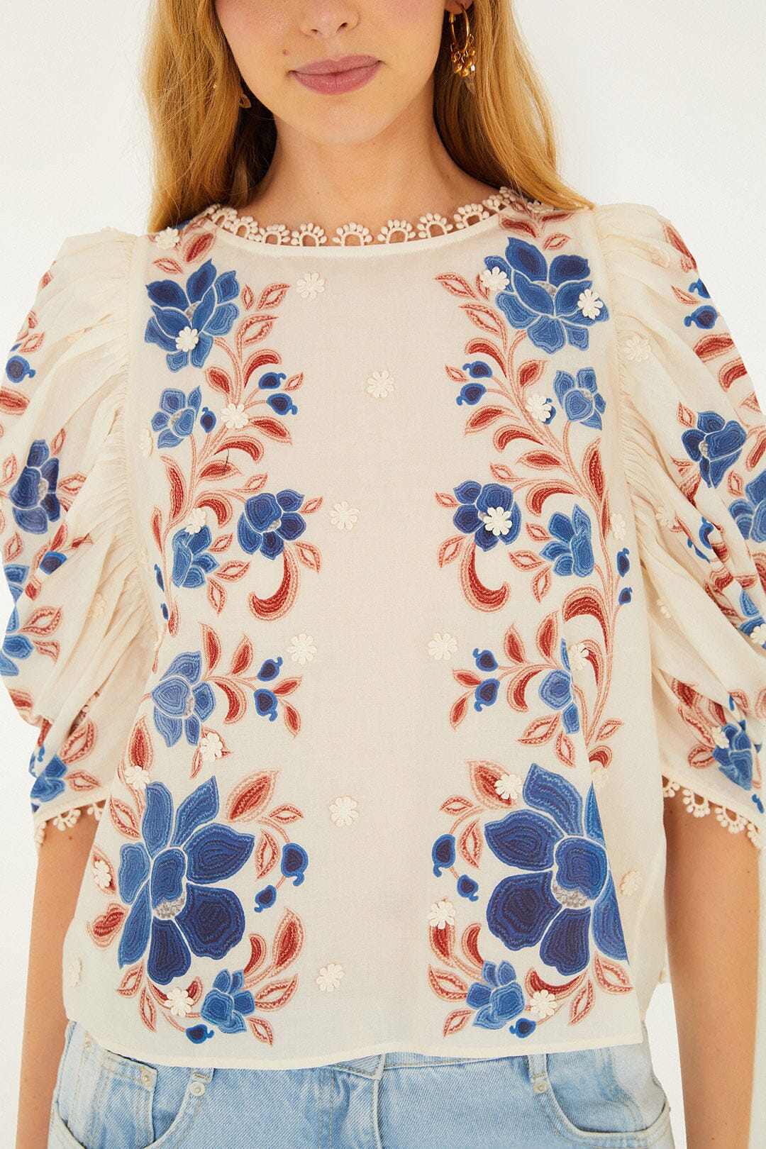 FARM Rio Sale Sand Renata Floral 3d Puff Sleeve Blouse
