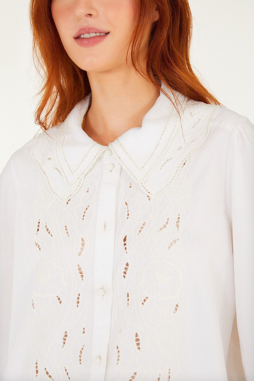 FARM Rio Sale Off-White Embroidered Lace Buttoned Smocked Cuff Shirt