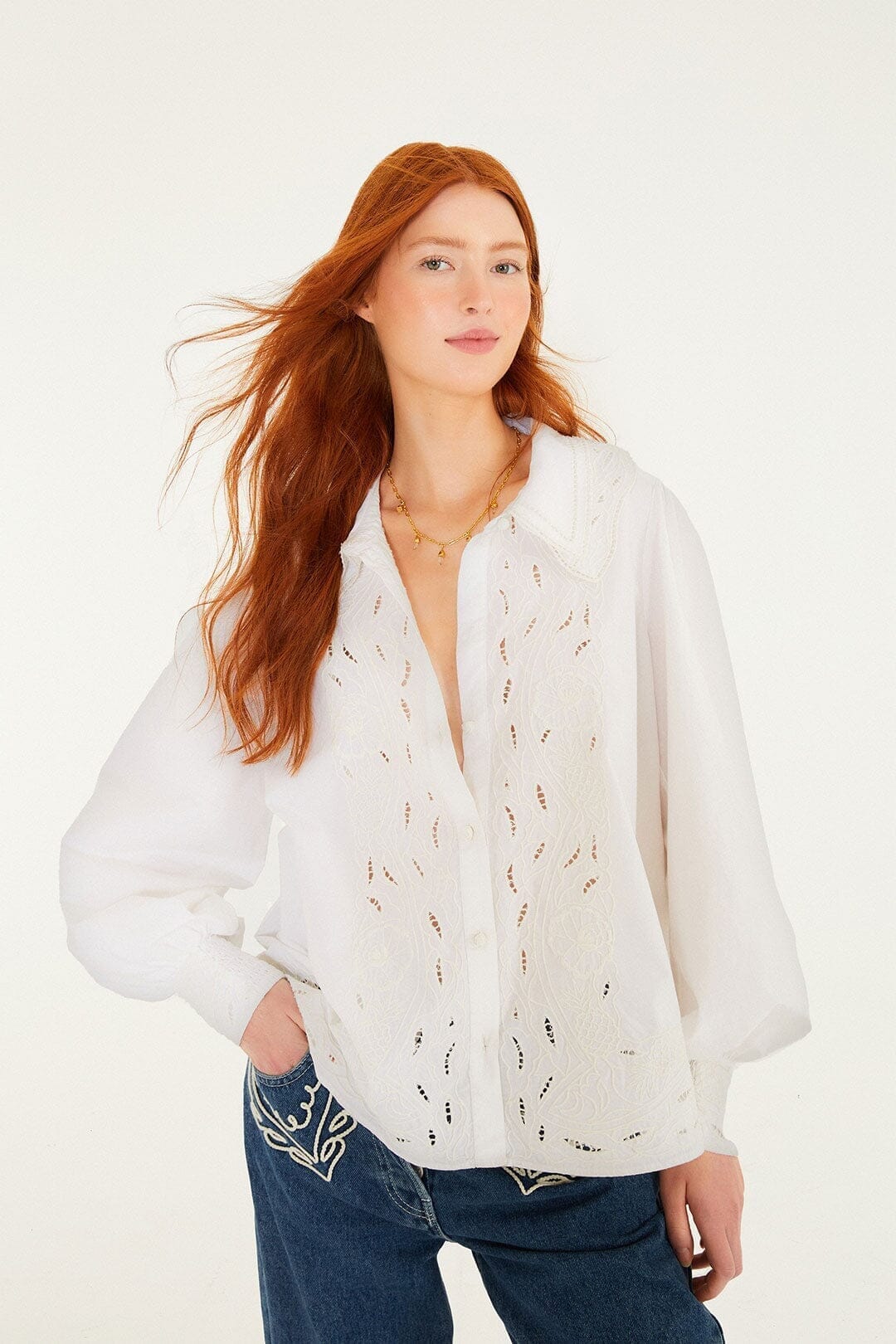 FARM Rio Sale Off-White Embroidered Lace Buttoned Smocked Cuff Shirt
