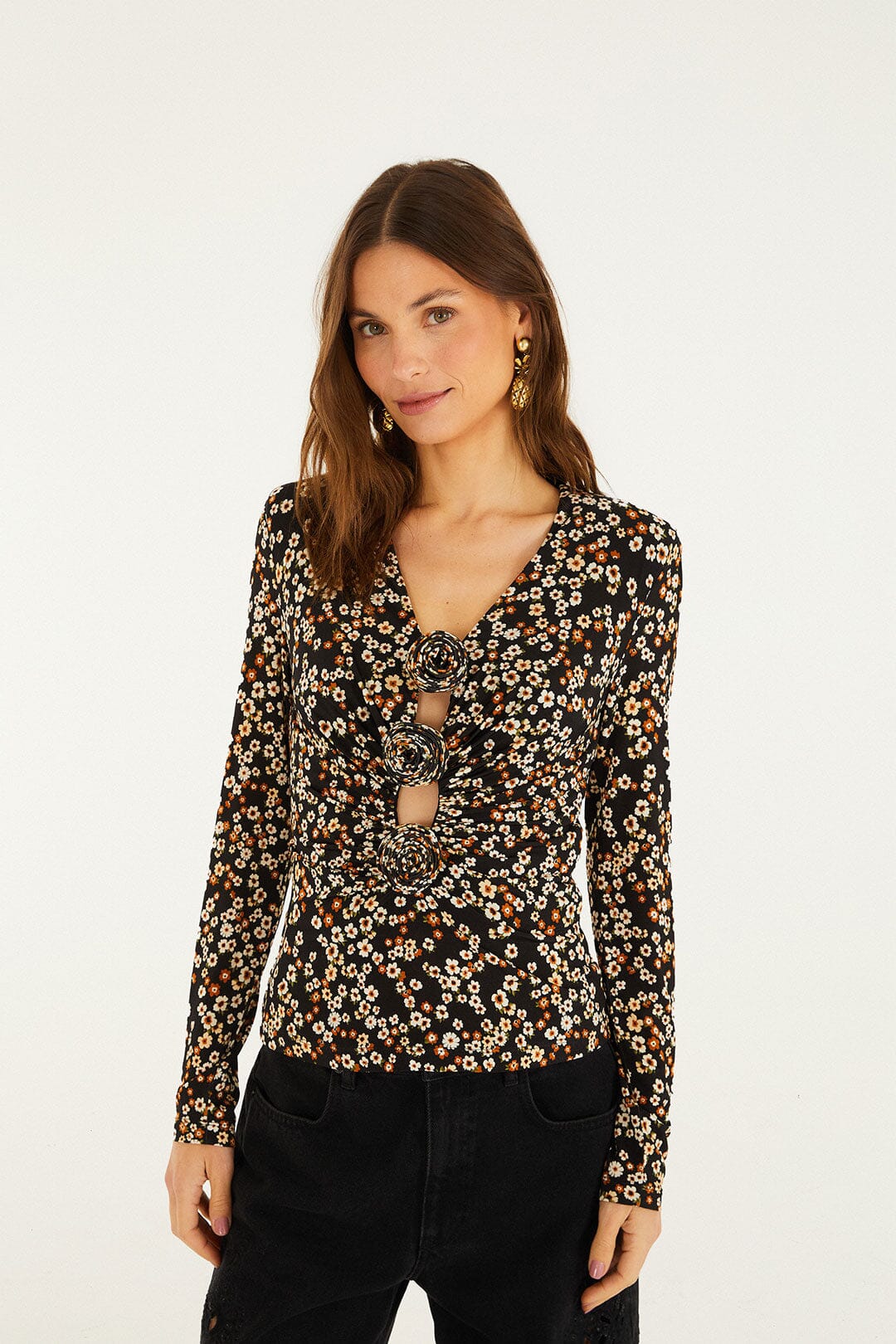 FARM Rio Sale Black Tiny Flowers Jersey Blouse