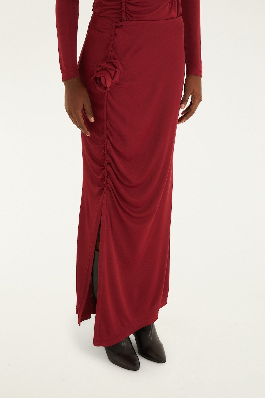 FARM Rio Sale by Type Burgundy 3d Flower Draped Side Slit Maxi Skirt