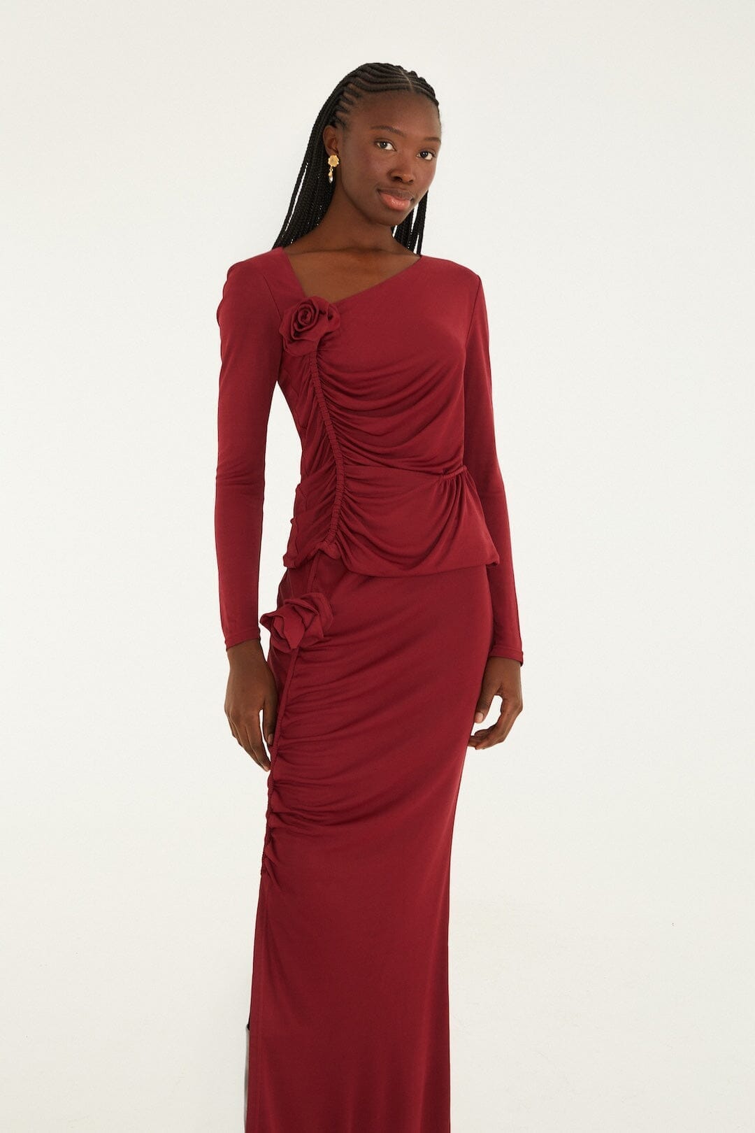 FARM Rio Sale by Type Burgundy 3d Flower Draped Side Slit Maxi Skirt