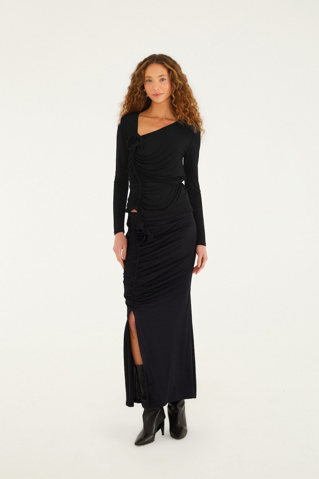 FARM Rio Sale by Type Black Flower Draped Side Slit Midi Skirt