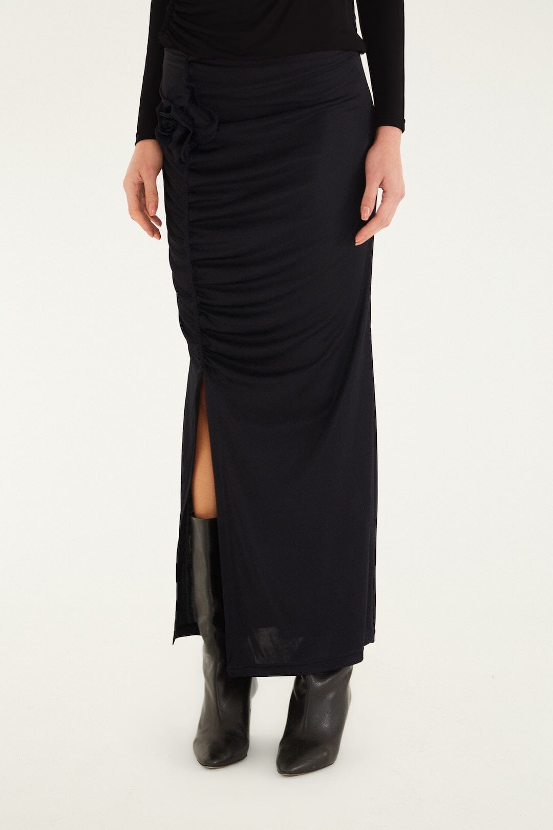 FARM Rio Sale by Type Black Flower Draped Side Slit Midi Skirt
