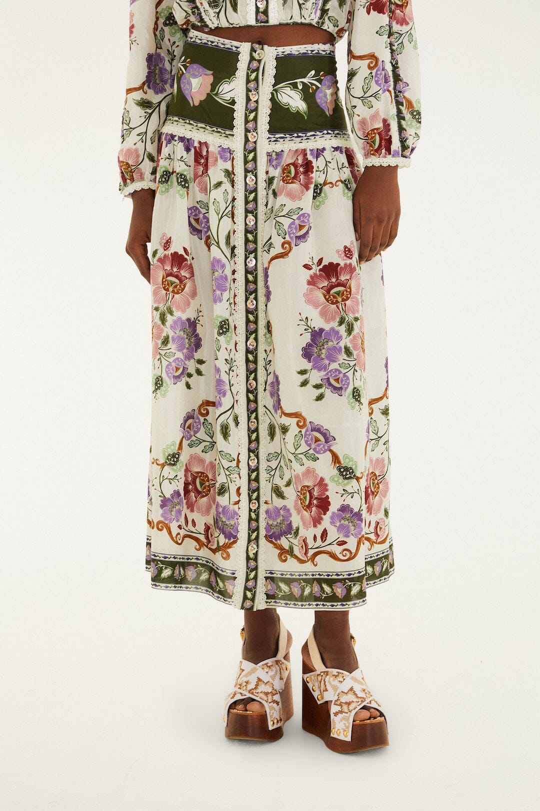 FARM Rio Sale by Type Cream Rococo Flowers Lace Buttoned Midi Skirt