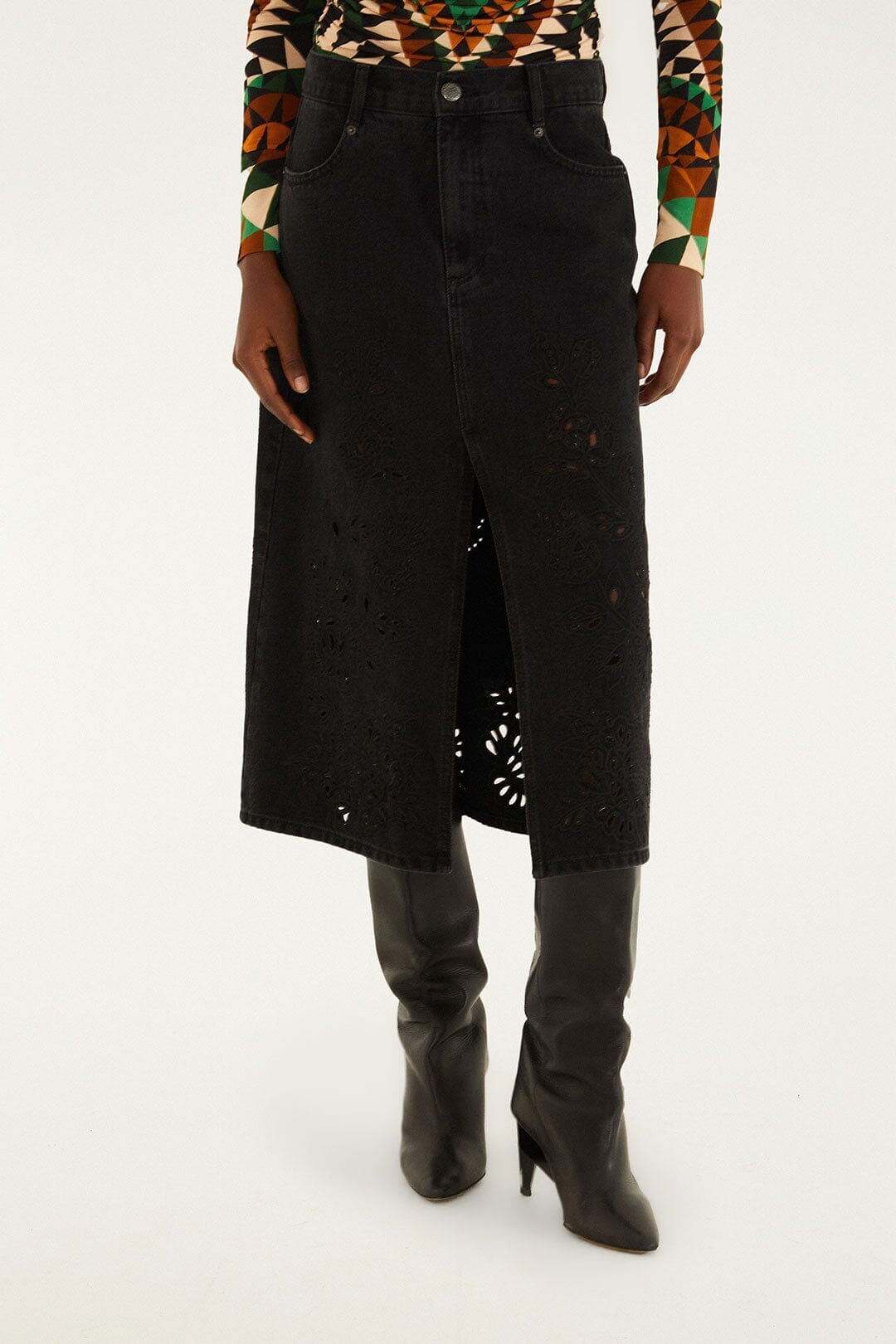 FARM Rio Sale by Type Black Denim Richelieu Front Slit Midi Skirt
